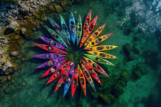 overhead view of kayaks forming a flower shape
