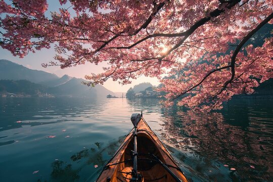 peaceful kayaking scene with cherry blossoms