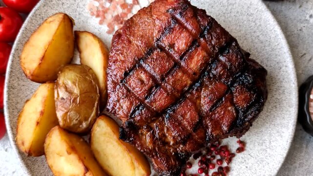 Juicy grilled beef steak seasoned with salt, spices, and herbs. Beef steak as a food background for your design