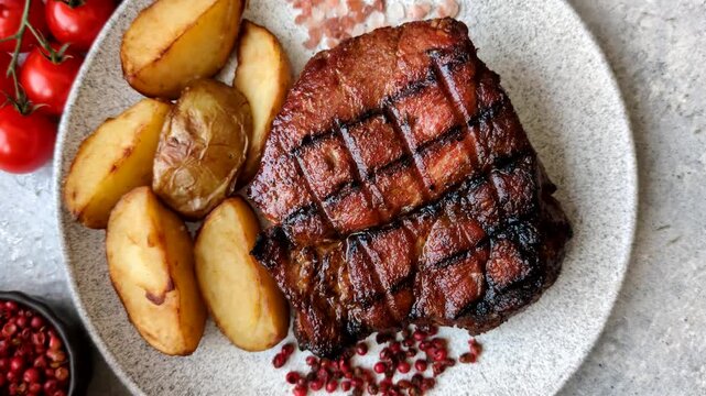 Juicy grilled beef steak seasoned with salt, spices, and herbs. Beef steak as a food background for your design
