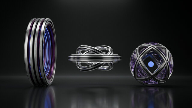 Three distinct metallic and glass spherical featuring rings and glowing blue cores, arranged on a dark reflective surface, 3d render