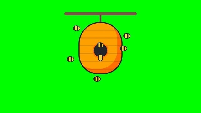 Cartoon beehives hanging from branches with bees on green background