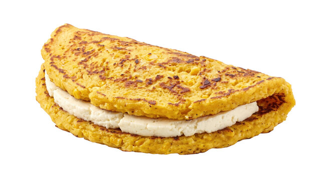 Golden corn arepa with cheese stuffing on a transparent background
