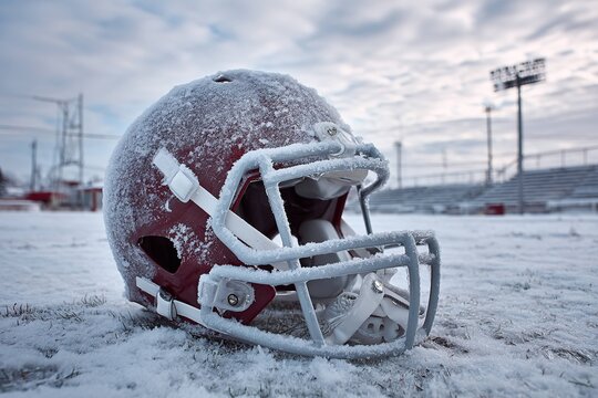 snow-covered football helmet on icy field