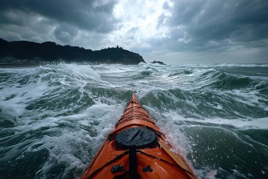 stormy sea kayaking with dramatic waves