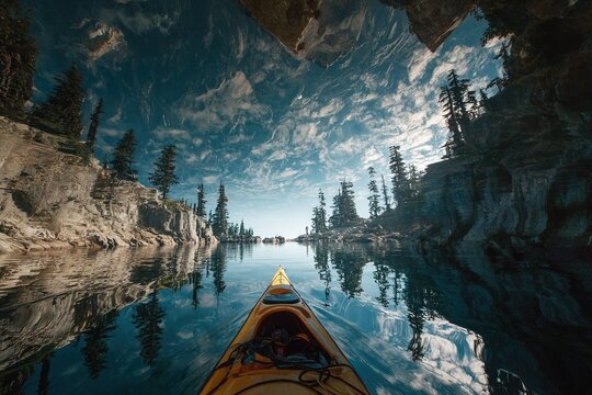 surreal kayaking on a liquid mirror lake