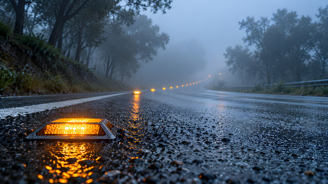 Amber Road Reflectors on a Wet Road in Dense Morning Fog