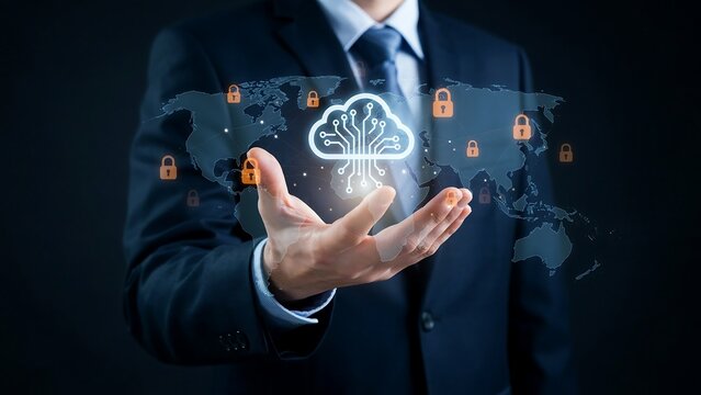 Businessman holding digital cloud network with security locks and world map overlay