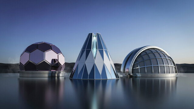 Three futuristic architectural structures including a geodesic dome, a conical tower, and a semi-circular vault on a reflective surface at twilight