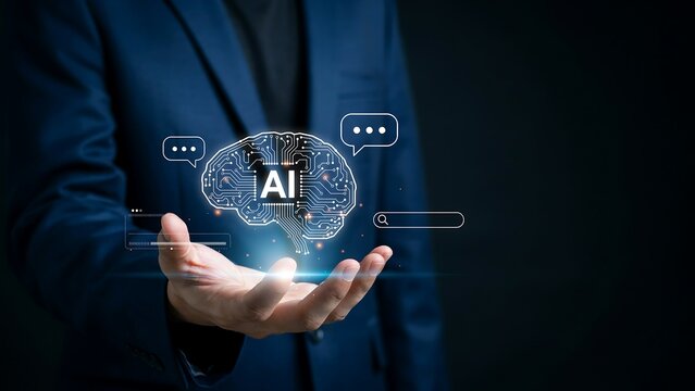 Businessman's hand holding glowing AI brain with chat bubbles and search bar against dark background