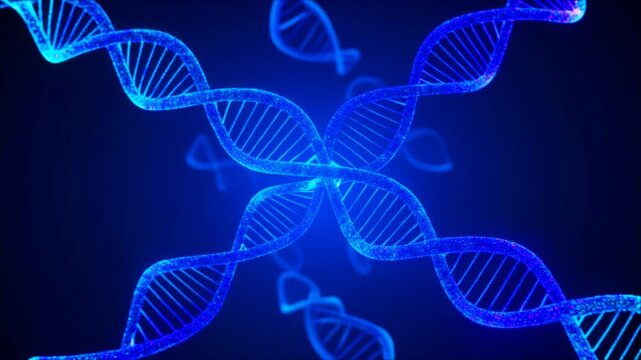 Abstract Blue DNA Strands Rotating in Digital Space - Genetics, Science, Biotechnology