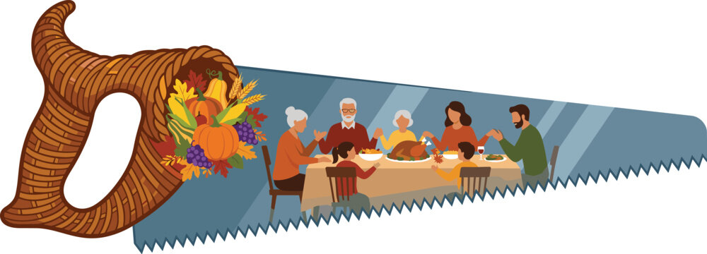 Family Thanksgiving Dinner with Cornucopia and Saw
