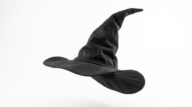 A single classic black witch hat appearing to float in midair, tall bent pointed crown, wide curved brim, subtle fabric texture, realistic folds and natural asymmetry, dynamic tilted angle, no visible