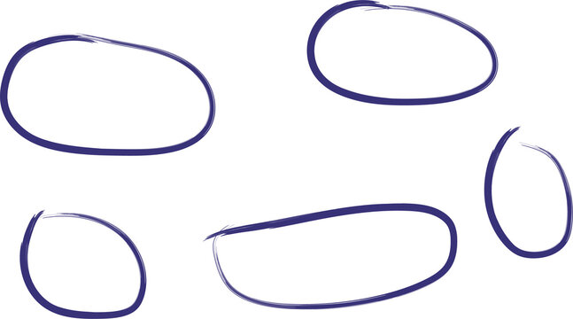Five handdrawn blue oval shapes isolated on transparent background