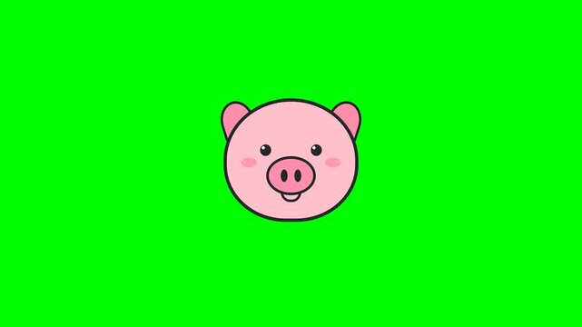 Pink cartoon pig heads moving on a bright green screen background