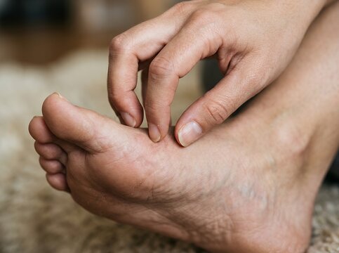 Close up of a person scratching their itchy foot with fingers.