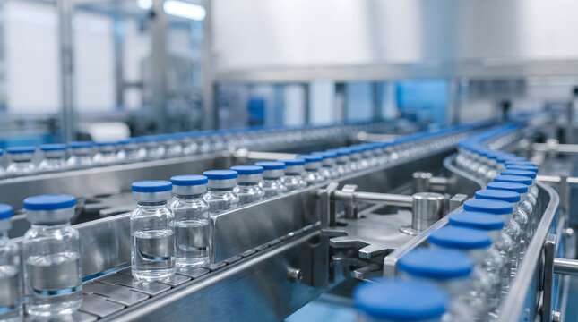Rows of flu vaccine vials on a sterile pharmaceutical line