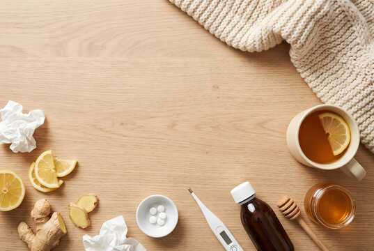 Cold and flu remedies with thermometer and tea, top view