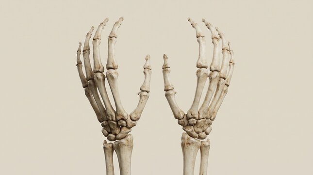 A pair of aged skeletal hands reaching upward with long bony fingers, weathered ivory bones, subtle brown discoloration, realistic anatomical joints, slightly curled fingertips, dramatic but evenly li