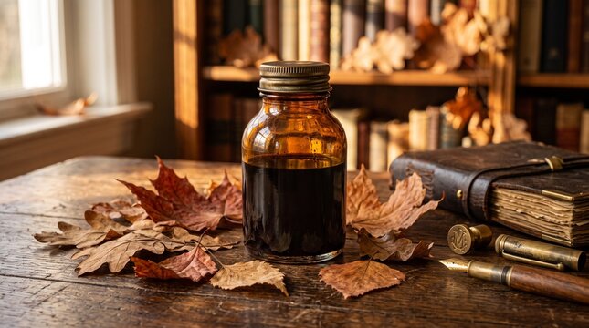 An amber glass ink bottle with a metallic cap placed on a wooden table scattered with dry autumn leaves.