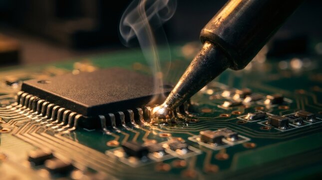 Soldering iron tip melting metal solder on integrated circuit chip pins with rising smoke on green printed circuit board surface for hardware repair.