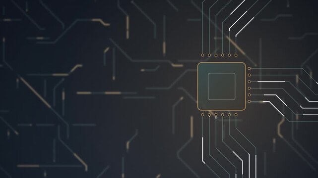 A dark background featuring repeating circuit board traces and visible integrated circuits, showing lines of copper pathways connecting square components in a pattern