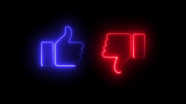 Neon glowing like and dislike icons animation, blue thumbs up and red thumbs down symbols for social media feedback and digital interaction concepts