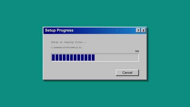 Classic desktop software installation window with loading progress bar and rendering status on vintage teal background interface displaying setup process