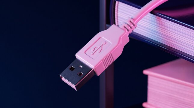 Pink USB cable connected near books under vibrant neon lighting