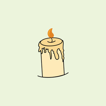 Cute graphic illustration of a burning wax candle with dripping wax and flame. Ideal decorative design element for relaxation, spa, interior, and mobile app UI design.