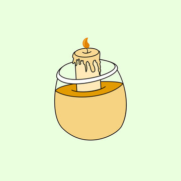 Cute graphic illustration of a burning wax candle placed inside a glass cup. Ideal decorative design element for relaxation, spa, interior, and app UI design.