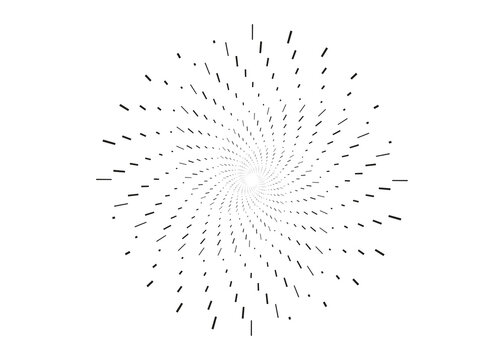 Black radial sunburst lines forming a circular spiral vortex isolated on white background. Halftone dashed rays with fading swirl effect. Abstract design element for logos, posters and banners.