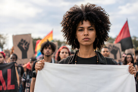 Young black woman holding blank white sign for mockup at social protest rally with crowd in background