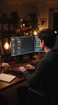 Young software developer writing code on dual computer monitors while sitting at his home desk during the evening with warm ambient lighting