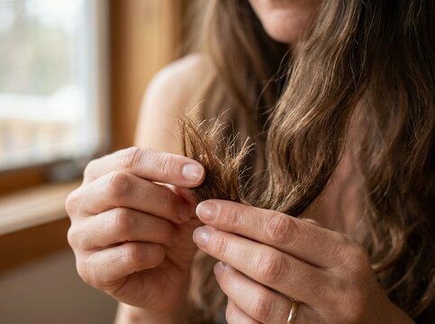 Woman examining her split ends and damaged hair with her fingers.