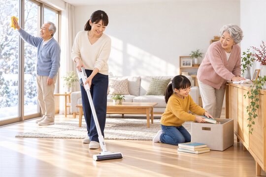年末に明るいリビングを大掃除する日本人の三世代家族