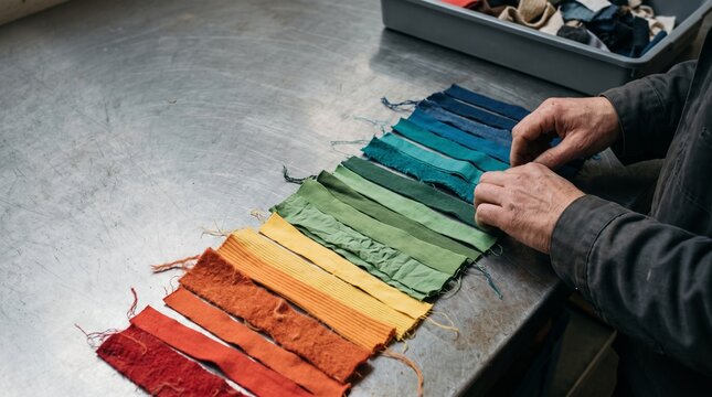 Hands arrange recovered fibers into a color gradient