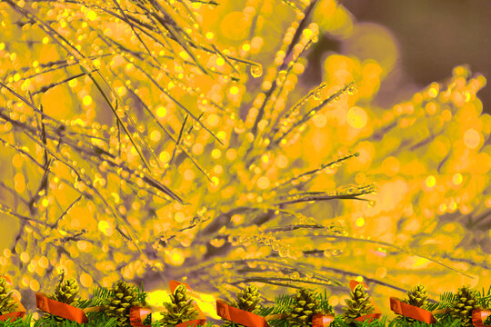 Golden Christmas Greeting Card with Pinecones and Sparkling Bokeh Lights Background