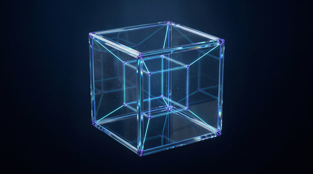 Futuristic four-dimensional hypercube visualization representing multidimensional geometry