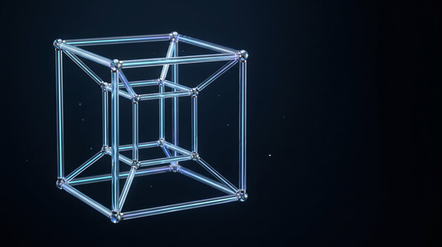 Futuristic four-dimensional hypercube visualization representing multidimensional geometry