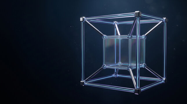 Futuristic four-dimensional hypercube visualization representing multidimensional geometry