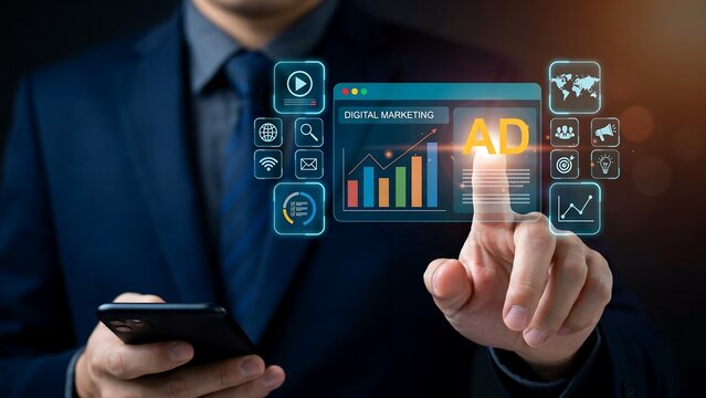 Businessman's finger points at digital marketing analytics with advertising icons during online campaign planning