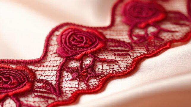 Close-up of intricate lace trim featuring rose designs sewn onto a soft fabric background