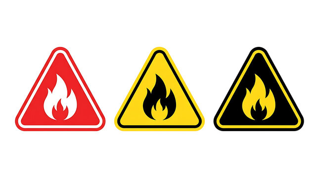 Three warning signs with fire and biohazard icons