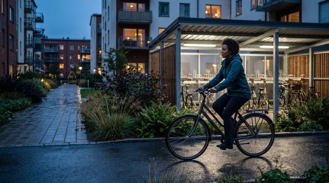 A neighbor rides from the bicycle shelter at dusk