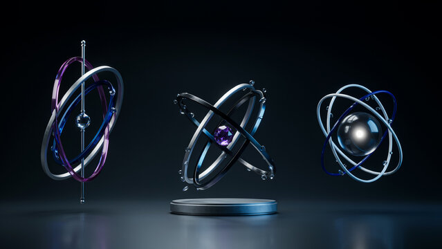 Three scientific atom models with metallic rings and central spheres, purple and silver dark background, 3d rendered physics concept