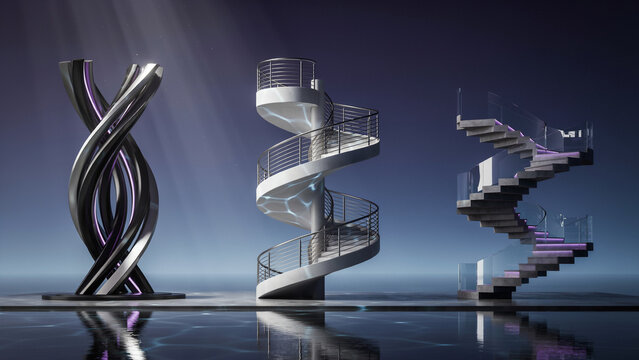 Three sculptural staircases including a twisted metallic pillar and two spiral stair with glass railings on a dark reflective surface