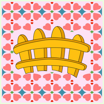 Cute graphic illustration of a yellow wooden picket fence over a light pink seamless background decorated with heart tile patterns. Ideal design element for decor.
