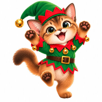 Adorable Orange Tabby Kitten in Christmas Elf Costume Jumping with Paws Raised on White Background