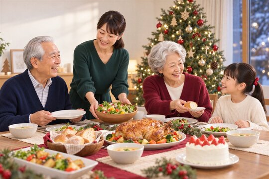 自宅でクリスマスディナーを楽しむ日本人の三世代家族